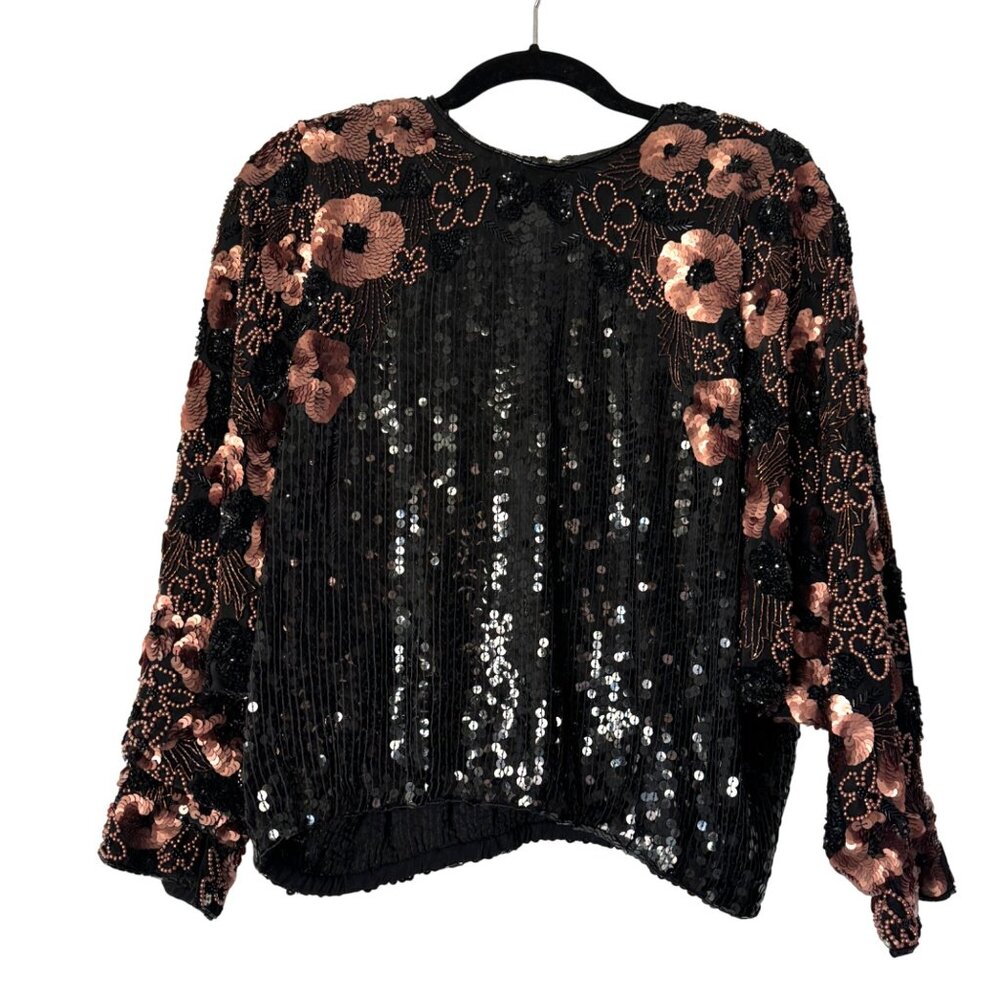 Vintage Frank Usher Black/Copper Sequin Floral Long Sleeve Blouse Top, Size S